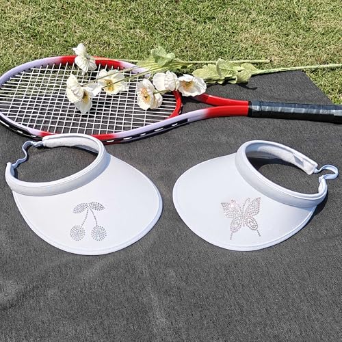 Sun Visors Hats Women Rhinestone Butterfly Wide Brim Hat Adjustable Golf Tennis Beach Sports Caps - color: Cherry-whtie