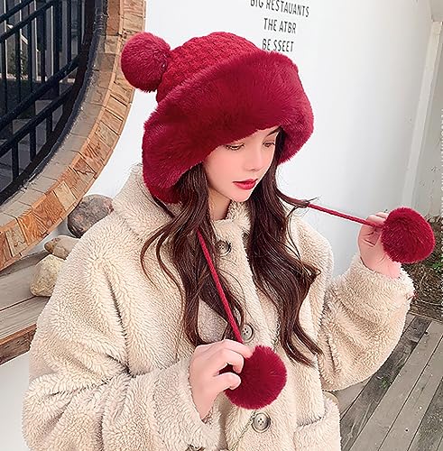 Winter Pompom Beanie Hats Women Knit Womens Beanie Faux Fur Crochet Skull Cap Warm Bucket Outdoor Ear Cover - color: Red