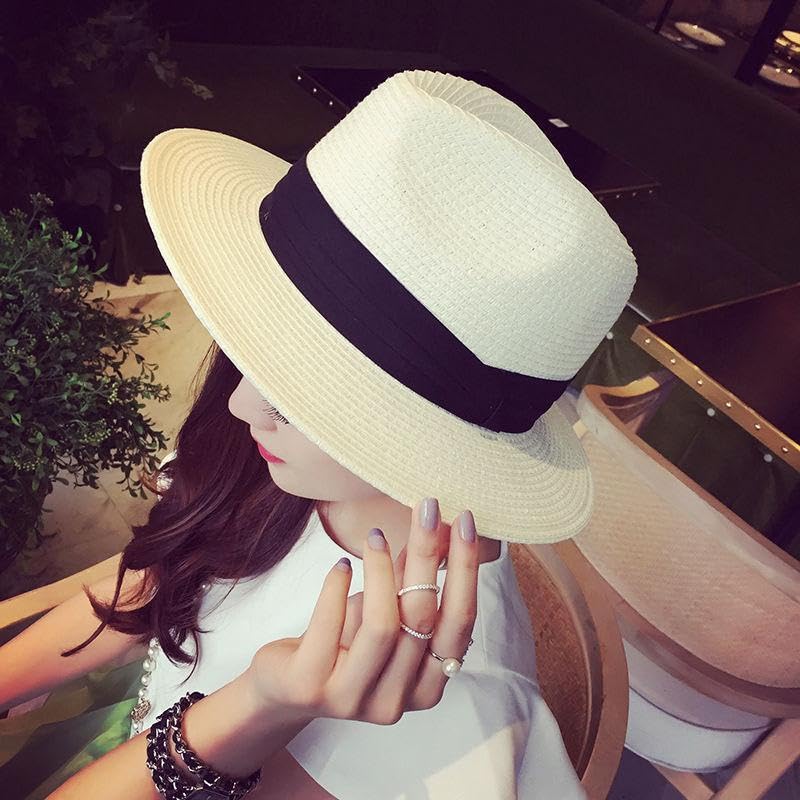 Unisex Adjustable Summer Straw Fedora Hat Sun Cap Panama Wide Brim For Beach Summer Outdoors Camping Supplies - color: Beige