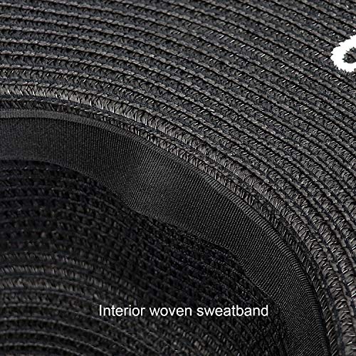 DRESHOW Big Straw Sun Hats for Women Floppy Foldable Roll up Beach Cap Sun Hat UPF 50+ Vacation Honeymoon Embroidered Hat - color: Ae Always on Vacay: Black