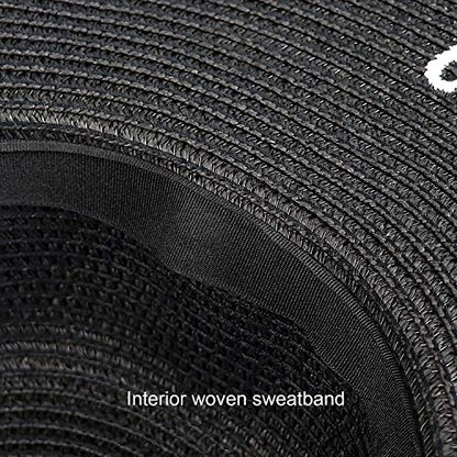 DRESHOW Big Straw Sun Hats for Women Floppy Foldable Roll up Beach Cap Sun Hat UPF 50+ Vacation Honeymoon Embroidered Hat - color: Ae Always on Vacay: Black