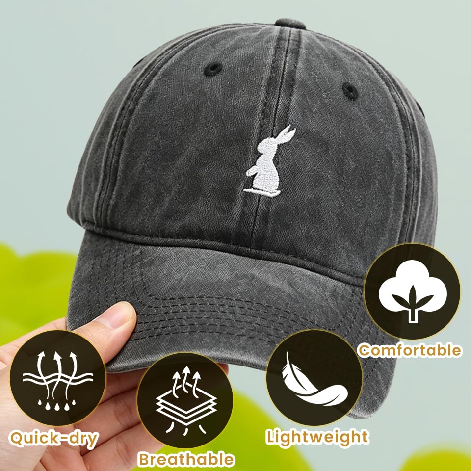 Plam Trees Hats Embroidered Washed Cotton Baseball Cap for Men Women Distressed Black Snapback Baseball Hat Adjustable - color: Bunny Rabbit