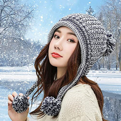 HUAMULAN Women Winter Sherpa Knit Beanie Hat Fleece Lined Ear Flaps - color: Gray