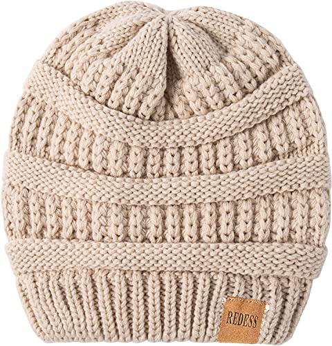 REDESS Slouchy Beanie Hat for Men and Women Winter Warm Knit Hat Chunky Soft Oversized Cable Cap - color: Oatmeal