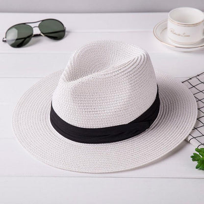 Unisex Adjustable Summer Straw Fedora Hat Sun Cap Panama Wide Brim For Beach Summer Outdoors Camping Supplies - color: White