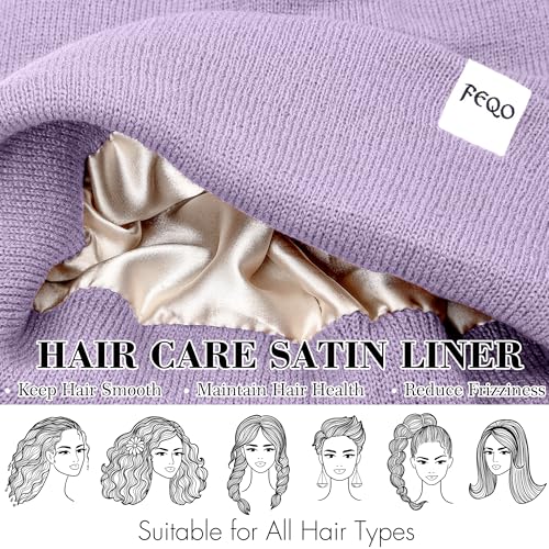 FEQO 4 Pack Satin Lined Winter Beanie Hats Soft Silk Lined Beanies - color: Black, White, Light Gray, Lavender Purple