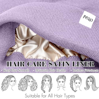 FEQO 4 Pack Satin Lined Winter Beanie Hats Soft Silk Lined Beanies - color: Black, White, Light Gray, Lavender Purple