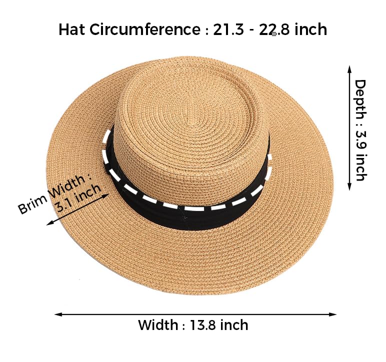 Straw Sun Hats for Women Summer Beach Wide Brim Boater Hat Fashion Travel Vacation Fedora Panama UPF 50+ - color: Beige Black
