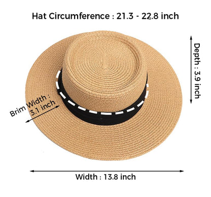 Straw Sun Hats for Women Summer Beach Wide Brim Boater Hat Fashion Travel Vacation Fedora Panama UPF 50+ - color: Beige Black