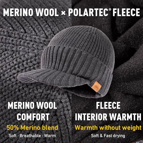 TOP-EX DryKnit™ 50% Merino Wool Waterproof Winter Beanie Hat with Brim - color: Grey, size: X-Large-XX-Large