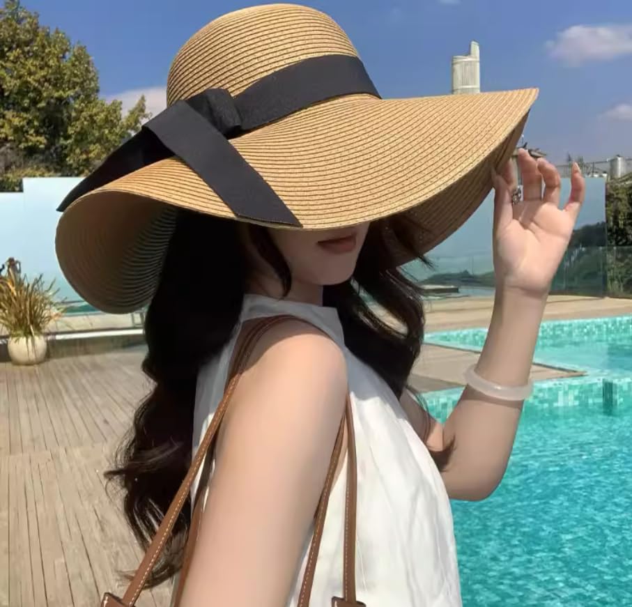 Women Wide Brim Sun Hat UPF50 Straw Summer Hat Foldable Packable Floppy Beach Hat UV Protection Boho Visor Fashion Outdoor for Beach Travel Vacation Khaki