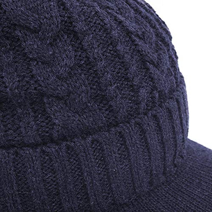 Original One Men Wool Blend Cable Knitted Visor Beanie Winter Knit Hat with Brim Fur Lined Ski Cap - color: Blue