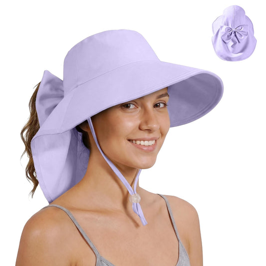 Womens Ponytail Hole Sun Hat with Neck Flap Outdoor UPF 50+ - color: Purple