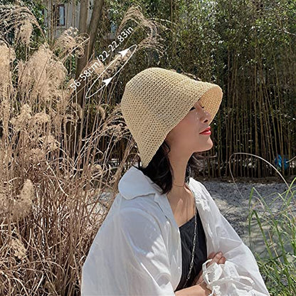 Women Sun Hat Hand-Woven Packable Beach Bucket Hat Summer Floppy UV Protection Hats - color: Beige
