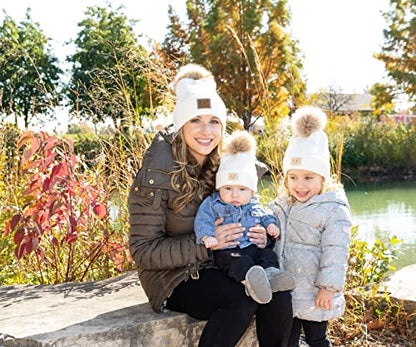 Funky Junque Mommy & Me Double Pom Beanies 3-Pack Matching Winter Hats for Mom, Toddler & Infant Girls, Cozy Knit Family Set - color: Diagonal Basketweave - Beige