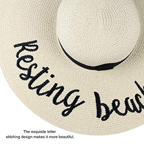 DRESHOW Big Straw Sun Hats for Women Floppy Foldable Roll up Beach Cap Sun Hat UPF 50+ Vacation Honeymoon Embroidered Hat - color: Z Resting Beach Face: Beige