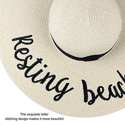 DRESHOW Big Straw Sun Hats for Women Floppy Foldable Roll up Beach Cap Sun Hat UPF 50+ Vacation Honeymoon Embroidered Hat - color: Z Resting Beach Face: Beige