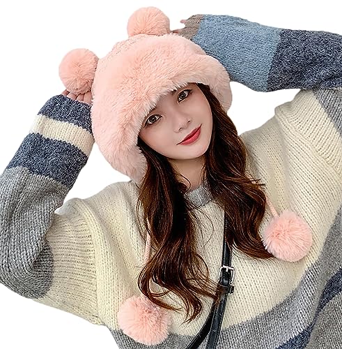 Winter Pompom Beanie Hats Women Knit Womens Beanie Faux Fur Crochet Skull Cap Warm Bucket Outdoor Ear Cover - color: Pink