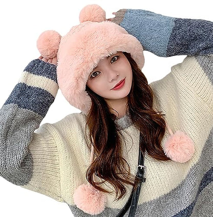 Winter Pompom Beanie Hats Women Knit Womens Beanie Faux Fur Crochet Skull Cap Warm Bucket Outdoor Ear Cover - color: Pink