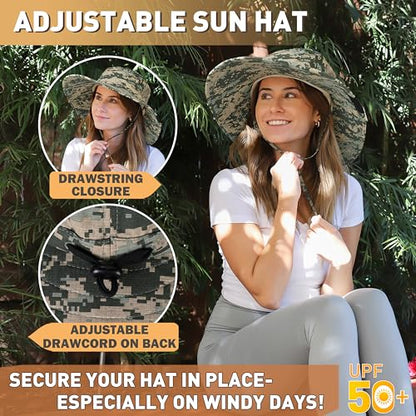 Men Safari Sun Hat Wide Brim Boonie Fishing Cap with Adjustable Drawstring - color: Grey Digital Camo