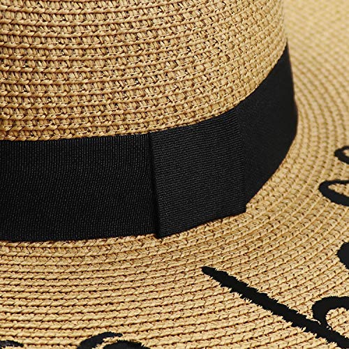 DRESHOW Big Straw Sun Hats for Women Floppy Foldable Roll up Beach Cap Sun Hat UPF 50+ Vacation Honeymoon Embroidered Hat - color: Ae Ciao Bella: Khaki