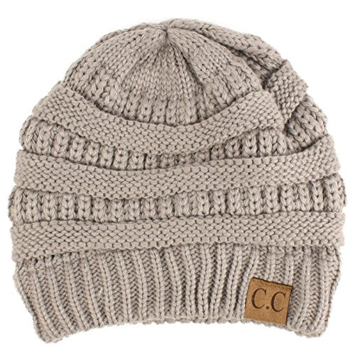 CC Classic Winter Fall Trendy Chunky Stretchy Cable Knit Beanie Hat - color: Solid Lt. Melange Gray