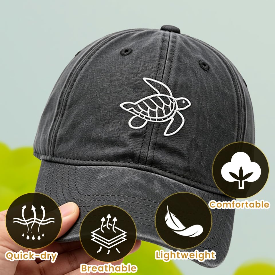 Plam Trees Hats Embroidered Washed Cotton Baseball Cap for Men Women Distressed Black Snapback Baseball Hat Adjustable - color: Turtle