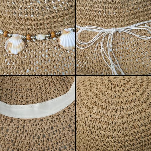 Womens Foldable Straw Sun Hat Summer Wide Brim Crochet Bucket Hats UPF 50+ Travel Beach Fedora Fisherman Cap Sombrero Hat - color: Khaki