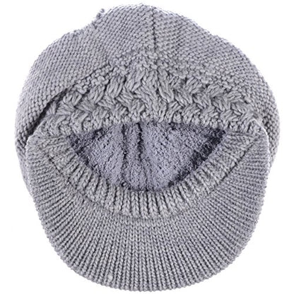 BYOS Womens Winter Chic Cable Warm Fleece Lined Crochet Knit Hat W/Visor Newsboy Cabbie Cap - color: Braided Front Lt.gray