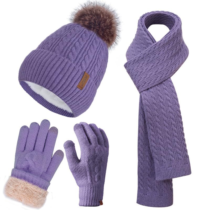 Winter Hat Scarf Gloves Set for Women, Classic Cable Beanie with Removable Pom Pom Long Scarf Touchscreen Gloves 3 in 1 Set - color: Purple