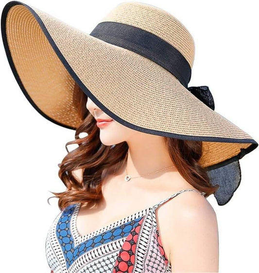 AQOKKA Beach Hats for Women Men Big Straw Wide Brim Summer Hat Floppy Foldable Roll up Cap for Beach Outdoor UPF 50+ - color: 1 Pack: Bow Knot Khaki a