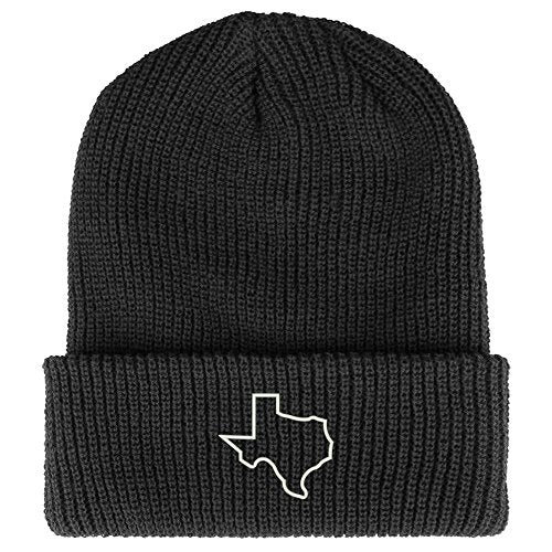 Trendy Apparel Shop Texas State Outline Embroidered Ribbed Cuffed Knit Beanie - color: Dark Grey