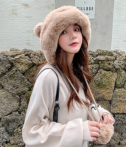 Winter Pompom Beanie Hats Women Knit Womens Beanie Faux Fur Crochet Skull Cap Warm Bucket Outdoor Ear Cover - color: Khaki