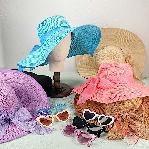 Jeyiour 12 Pcs Women Floppy Sun Hat and Heart Sunglasses Set, Wide Brim Straw Hats with Bow, Tea Party & Beach Pool Favors - color: Multicolor, style: Glitter