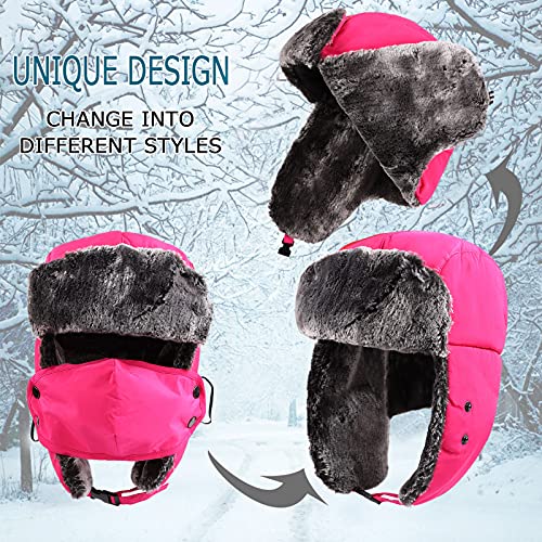Winter Boy Trapper Trooper Hat Outdoor Warm Girls Ski Cap Windproof Mask Ear Flaps Hats for Kids - color: Rose Red-adult, size: One Size
