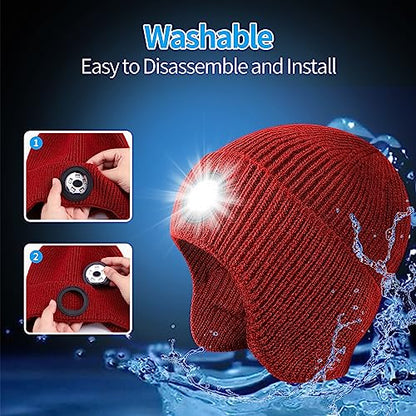 LED Beanie Hat with Light, USB Rechargeable LED Headlamp Hat, Unisex Winter Hat Warm Knitted Earflap Beanie with Night Flashlight (Red) - color: Red Adult