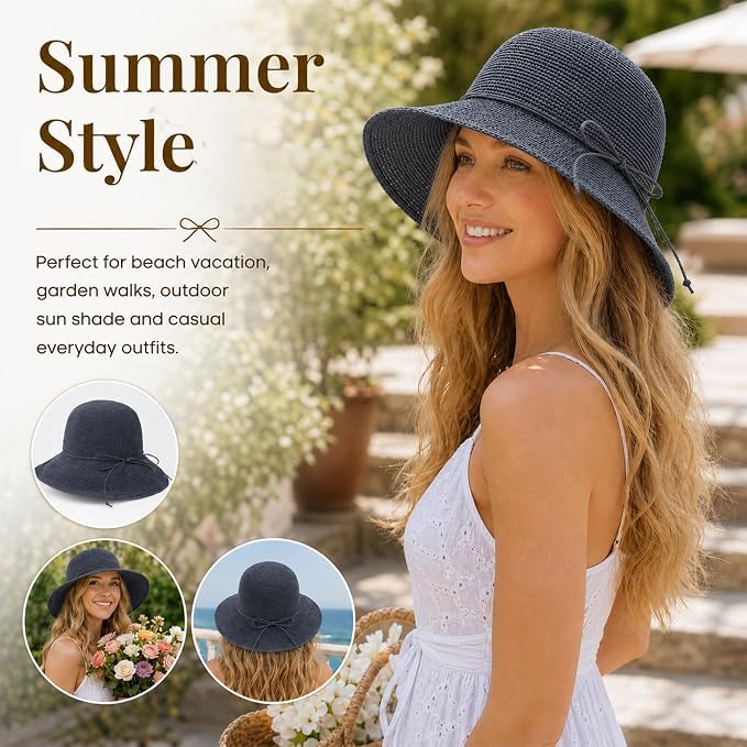 Beach Sun Hats for Women Foldable Straw Bucket Summer Hat Packable Travel - color: Charcoal Blue