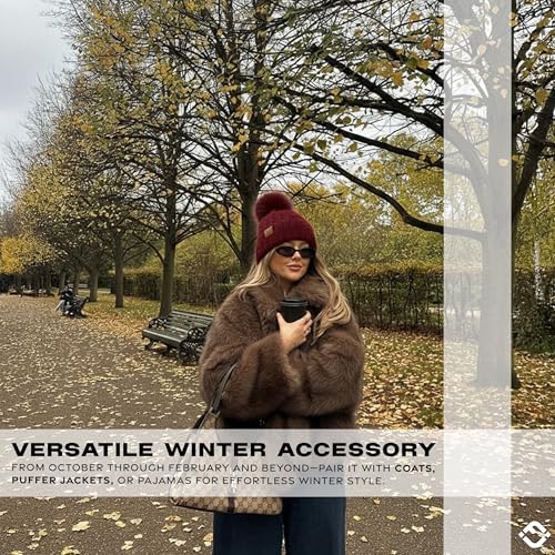 Funky Junque Beanie for Women Ultra Soft Chenille Faux Fur Pom Pom Winter Hats Warm Ski Cap Fashion - color: Terry Chenille - Burgundy