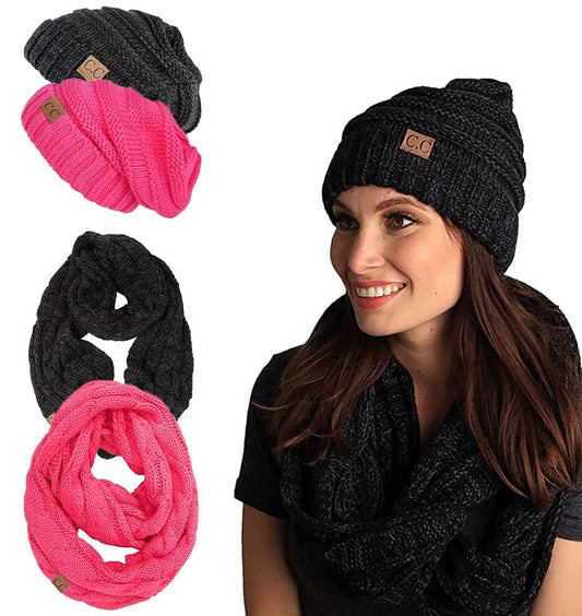 Funky Junque Slouchy Beanie & Infinity Scarf Gift Set – Matching Winter Accessories Sets for Women, Oversized Hat and Scarves - color: 2 Pack: Candy Pink & Onyx Black