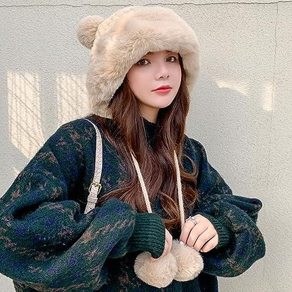 Winter Pompom Beanie Hats Women Knit Womens Beanie Faux Fur Crochet Skull Cap Warm Bucket Outdoor Ear Cover - color: Beige