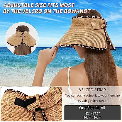 MAYLISACC Foldable Straw Sun Visors for Women, Sun Protecetion Wide Brim Sun Hats Adjustable Topless Beach Hat - color: Blcak+leopard Trim