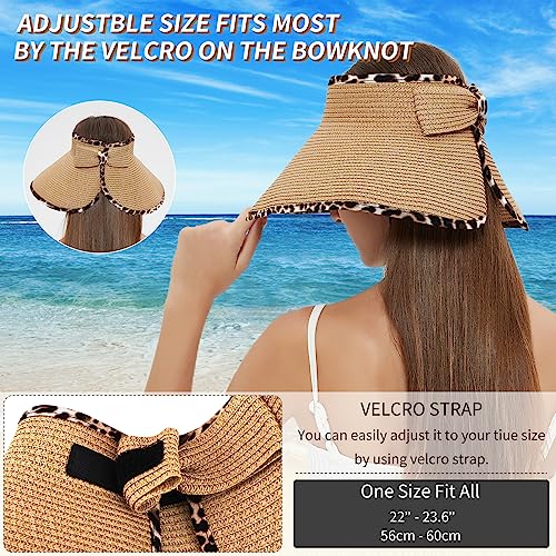 MAYLISACC Foldable Straw Sun Visors for Women, Sun Protecetion Wide Brim Sun Hats Adjustable Topless Beach Hat - color: Khaki Leopard Trim