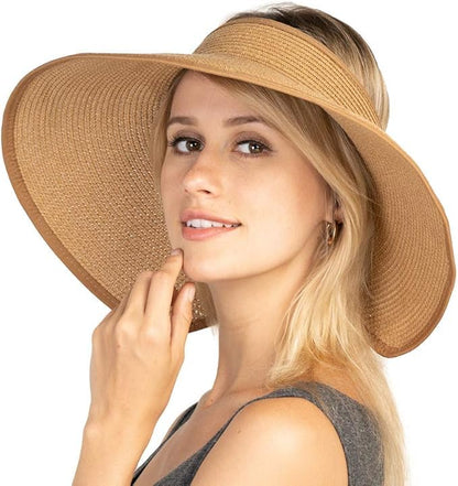 Women Sun Visors Foldable Straw Hats Summer Beach Packable Hat Floppy Wide Brim Cap Deep Style, Adjustable Size - color: Khaki 3