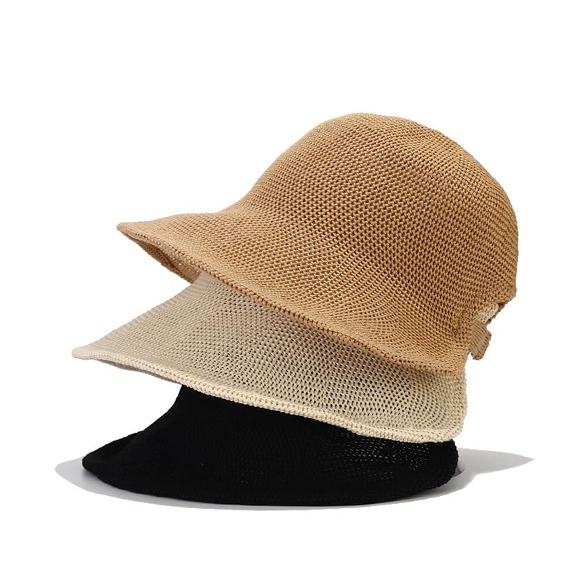 Women's French Crochet Sun Hat Floppy-Brim Straw-Bonnet-Cap Ponytail-Beach-Hats Hook-Loop-Fastener
