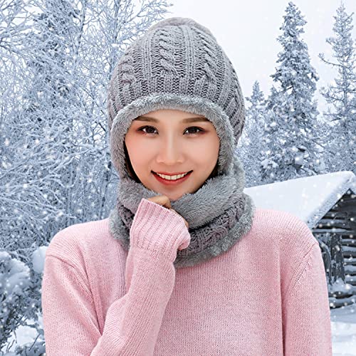 HUAMULAN Women Winter Knit Beanie Hats One Piece Fleece Lined Balaclavas - color: M8863-gray