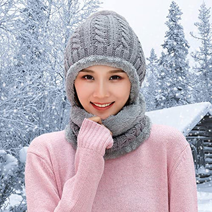 HUAMULAN Women Winter Knit Beanie Hats One Piece Fleece Lined Balaclavas - color: M8863-gray