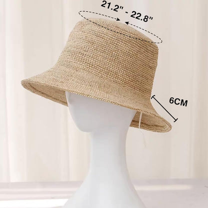 Natural Raffia Straw Bucket Hat for Women Sun Beach Handmade Raffia Woven Bucket Hat Foldable Summer Cap - color: Natural Raffia ( Brim2.4“)