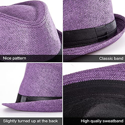 XL Straw Fedora Hats for Men Summer Trilby Beach Travel Panama Casual 7 1/2 - color: Purple