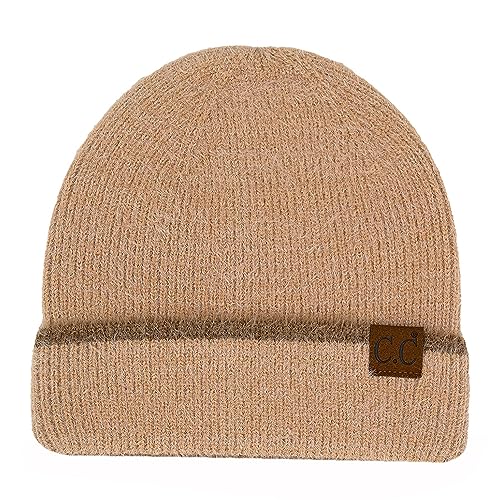 C.C Fuzzy Beanie for Women Unisex - Acrylic Stretchable Soft Warm Knit Winter Skully Hat - color: Feather Yarn-beige