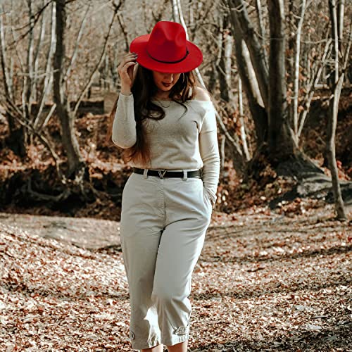 Women Two Tone Wide Brim Fedora Felt Panama Hat - color: Red/Leopard